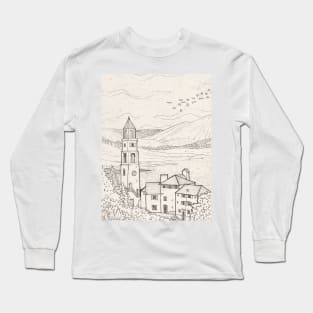 Mountain Village Italian Alps Pen And Ink Illustration Long Sleeve T-Shirt